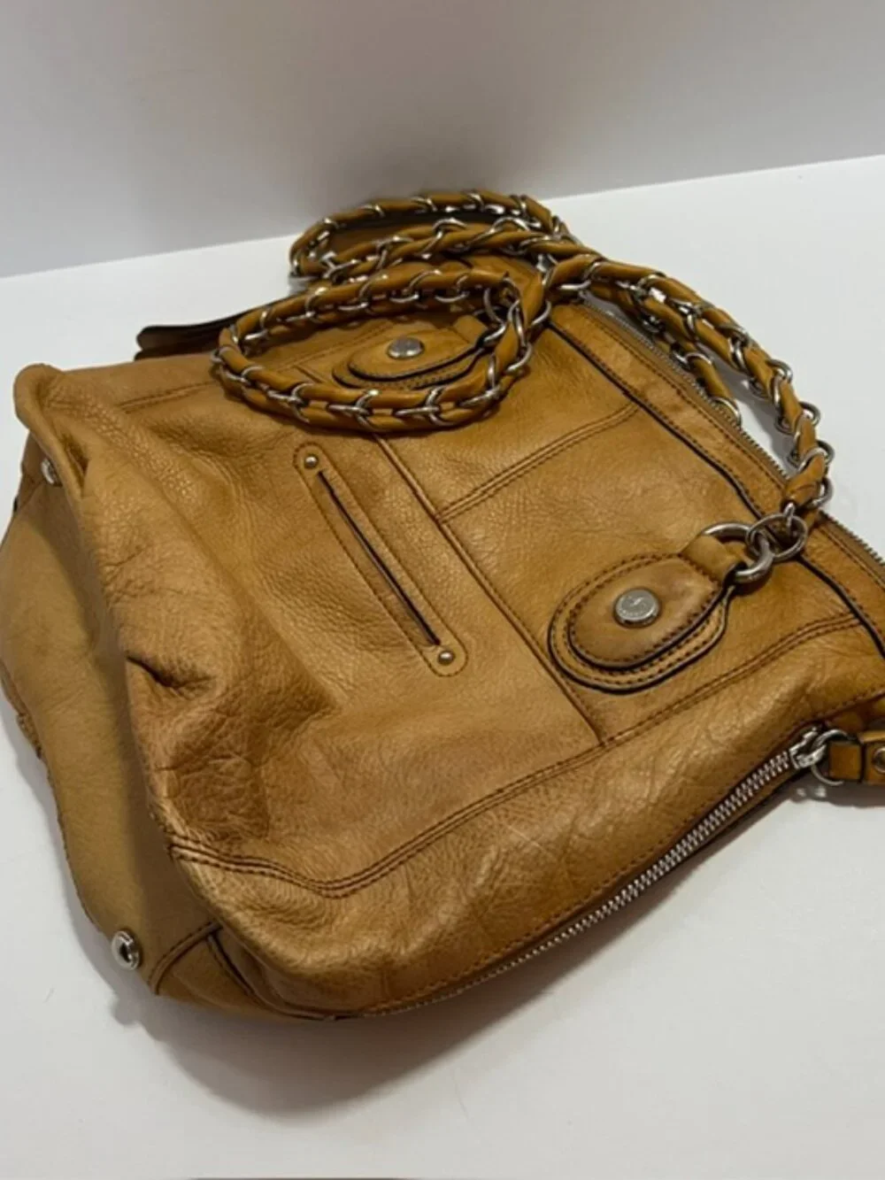 B. Makowsky Leather Hobo Shoulder Bag Chain Strap Multi Zip Pockets Camel w/CoA - Picture 14 of 16
